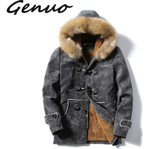Winter Fleece Military Jackets Men Faux Fur Hooded Windproof Outwear Parka Men Horns Buckle Thick Windbreaker Coat Overcoat