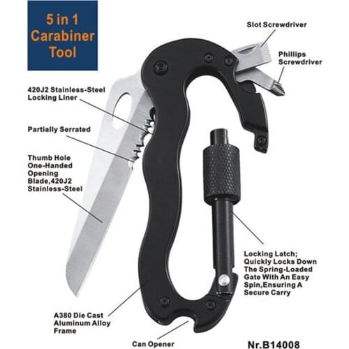 5 In 1 Outdoor Survival Carabiner Multifunctional Hiking Foldable Knife Screwdriver Aluminum Alloy Climbing Gear Hook Knives