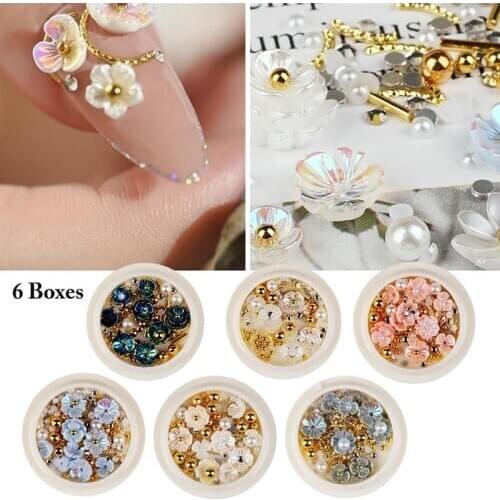 6 Boxes Women Girls DIY Nail Stud Creative Shell 3D Flower Nail Art Charm Nail Art Decoration DIY Nail Art Beads Decoration