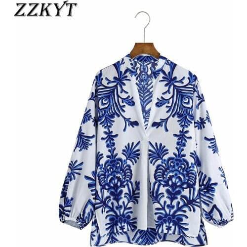 ZZKYT 2021 Women Spring Fashion Floral Print Blouses Vintage V Neck Long Sleeve Split Female Shirts Blusas Casual Chic Tops