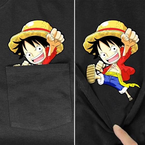 CLOOCL Anime One Piece Cotton T-Shirt Pocket Luffy Printed TShirt Harajuku Style Casual Tee Hip Hop Tops Black Cotton T-Shirt
