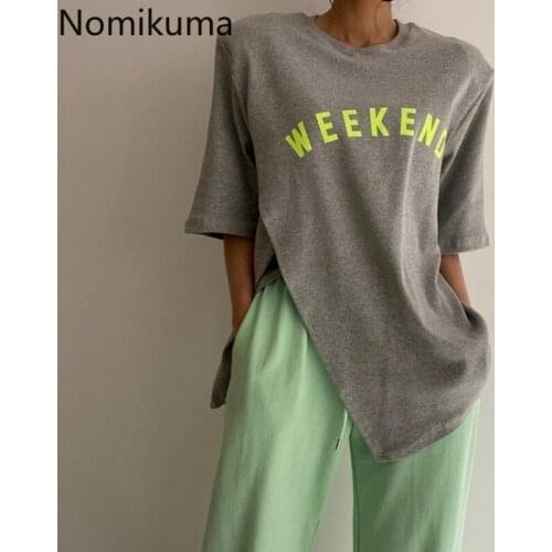 Nomikuma Letter Printed T Shirt Women Contrast Color O Neck Short Sleeve Tshirts Side Split Design Casual Loose Tops Korean New