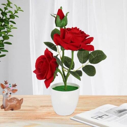 1 Set Artificial Faux Silk Rose Flower Bonsai Cut Evenly Clear Texture Plastic Simulation Potted Plant Table Decor for Party