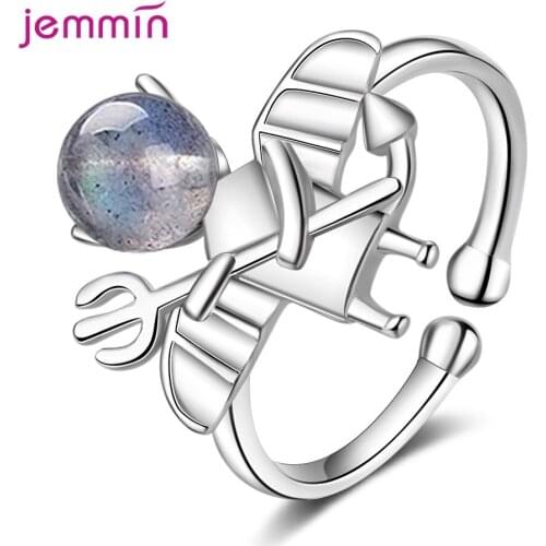Lovely 925 Sterling Silver Opening Ring For Women Simple Adjustable Round Little Devil Small Moonstone Jewelry Gift
