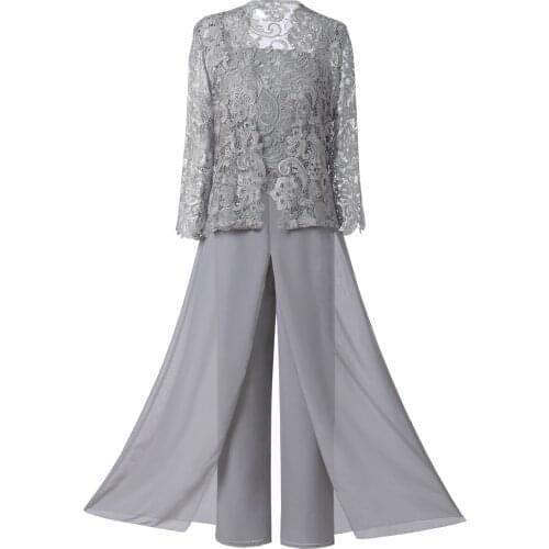 Lace Mother of the Bride Dresses Elegant Champagne 2021 Chiffon Pantsuit 3 Pieces Plus Size Wedding Party Guest Gown Dress
