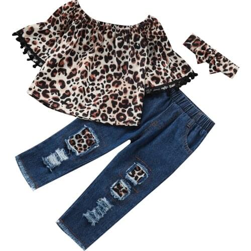 Citgeett Summer Infant Baby Girls Leopard Print Clothes Set Flared Sleeve Off-shoulder Tops+Ripped Jeans+Bow-knot Headband
