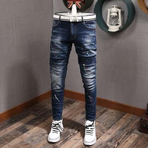 European American Street Style Fashion Men Jeans Retro Blue Slim Fit Painted Designer Jeans Men Hip Hop Cotton Denim Punk Pants