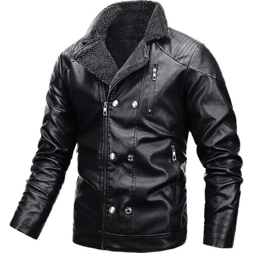 New 2020 Thick Warm Winter Plus Velvet Leather Jacket Men Fashion Double breasted Zipper Punk Motorcycle Leather Mens Jackets