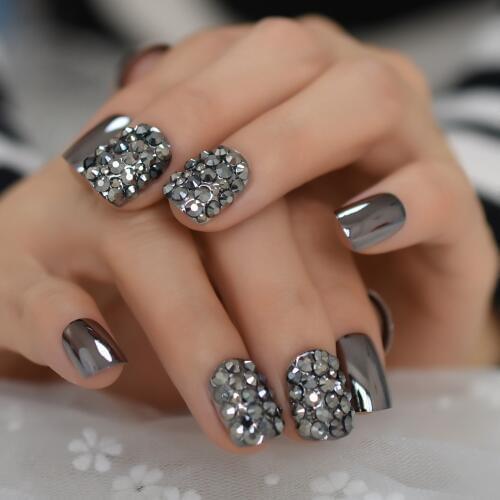 Punk Dark Smoky Gray Reflective Mirror Metal Plating False French Nail Tips Punk Metallic Diamond Fake Nails With Glue Sticker