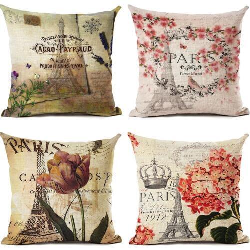 Vintage Style Eiffel Tower Printed Cotton Linen Cushion Cover Home Decorative Sofa Throw Pillow Cover Square 45X45cm Pillow Case