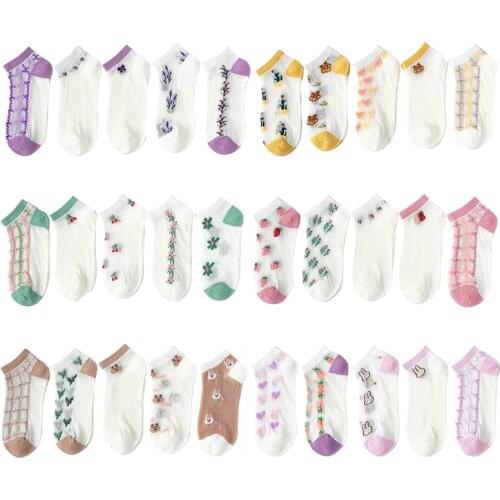 5 Pairs New Cartoon Fruit Women Cotton Ankle Socks Summer Thin Animal Harajuku Mesh Female Casual Boat Socks Fashion Hipster