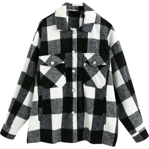 BBWM Women 2020 Fashion Oversized Plaid Jacket Vintage Long Sleeve Pockets Coat Female Chic Outerwear