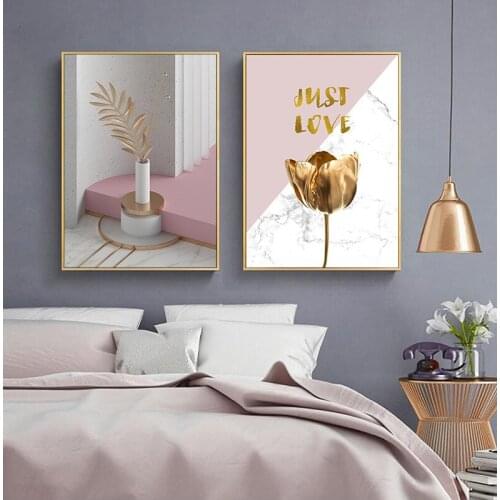 Posters Nordic Pink Bird Golden flowers Love Wall Art Canvas Painting Abstract Pink Print Picture for Living Room Decoration