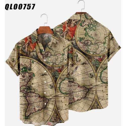 Mens Vintage Map Print Shirt Loose Short Sleeve Turn-down-collar Casual Shirt Daily Wear Blouse