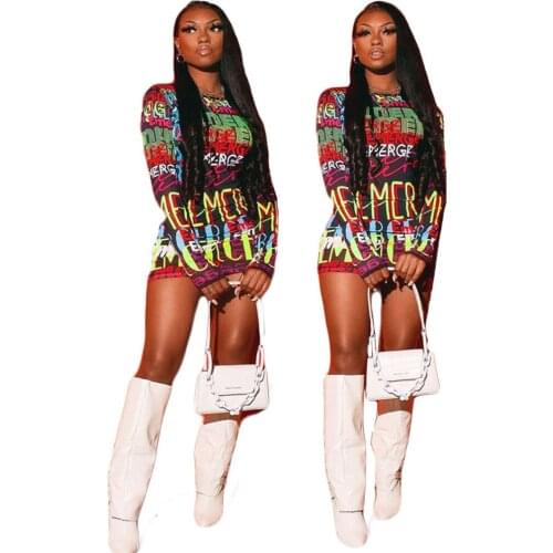 Tie Dye Print Sexy Mini Dress Fall 2021 Casual Long Dress Women Nightclub Long Sleeve Bodycon Dresses Wholesale