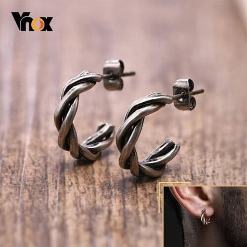 Vnox Stylish Retro Twisted Hoop Earrings for Men, Vintage Tone Stainless Steel Party Circle Simple Earring Accessory