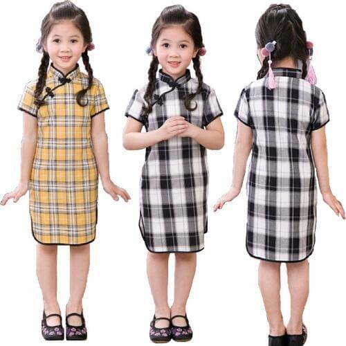 Grid Summer Baby Girls Dress Chinese Spring Festival Girl Clothes Chipao Dresses 100% Cotton Children Cheongsam Qipao Vestidos