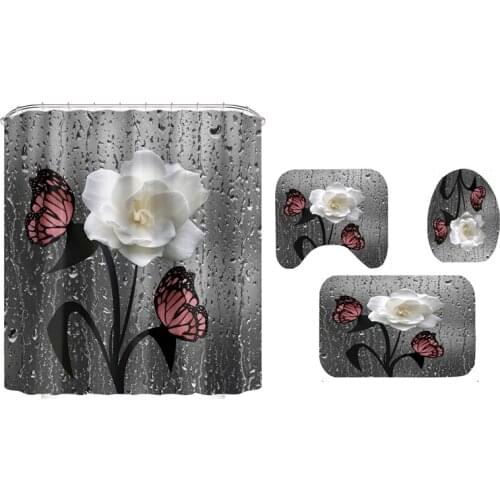 3D Butterfly Flower Fabric Waterproof Shower Curtain Bathroom Curtains Set Flower Scenery Non-Slip Rug Toilet Lid Cover