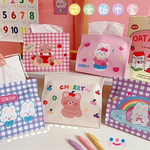 W&G Kawaii PU Tissue Box Soft Cute Bunny Desktop Napkin Storage Box Girls Heart Student Table Box Tissue Organizer