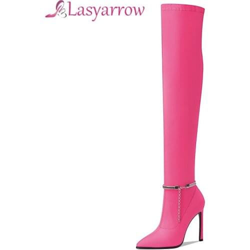 Lasyarrow Ankle Chain Pointy Toe Women High Heel Boots Winter Shoes Sexy Thigh High Boots Solid Color for Ladies Plus Size 43