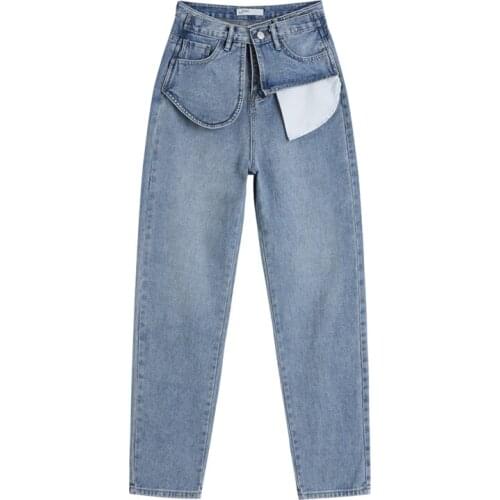 Femme Denim Trouser High Waist Womens Blue Jeans 2021 Spring New Baggy Straight Long Pants Streetwear Vintage Exposed Pocket