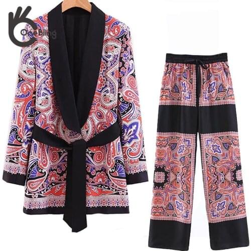 OneBling Za 2021 Paisley Print Contrast Panelled Casual 2 Piece Sets Autumn Belt Blazers and Straight Pants Tra Women Suits