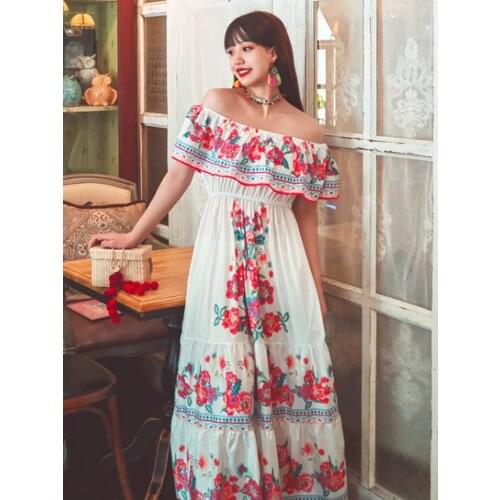 Summer New Womens Clothing Ins Net Red Bohemian Travel Vacation Beach Style One-Line Collar Long Dress Retro Printing Dress