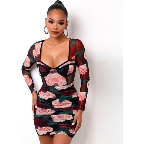 2021summer new Print Rose Mesh Sexy Women Dress Spring New See Through Bodycon Mini Dresses Elegant Ladies Ruched Party Vestidos