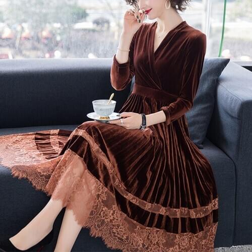 2019 Winter Fall Womens V Neck Long Sleeve Middle Calf Lace Patchwork Velour Dress , Autumn Woman Clothes , Velvet Dresses