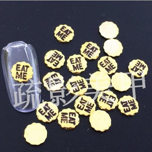 10Pcs/Lot New Japan Gold Letter"EAT ME" Painting Oil Metal Alloy Nail Art Deco Nail Stickers/Charms for Manicure DIY Tools