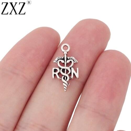 ZXZ 50pcs Tibetan Silver Tone Registered Nurse Caduceus Medical Charms Pendants Beads for Necklace Bracelet Jewelry Making
