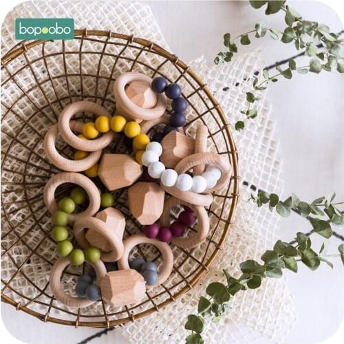 Bopoobo 1pc Silicone BPA Free Teether Tooth Bead Baby Ring Natural Wooden Teeth Rubber Wood Rattle Toys Houten Ringen Child Gift