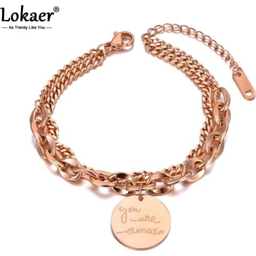 Lokaer Titanium Stainless Steel You Are Amazing Charm Bracelets For Women Original Design Double Layer Chain Bracelet B20153