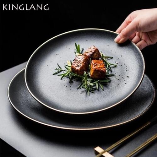 KINGLANG Whole Black Steak Plate Ceramic Rice Salad Bowl Soup Bowl Round Dish Porcelain Dinner Plate Tableware