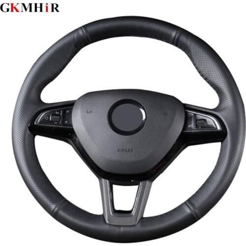 Black Artificial Leather Car Steering Wheel Cover for Skoda Octavia 2017 Fabia 2016 2017 Rapid Spaceback 2016 Superb (3-Spoke)