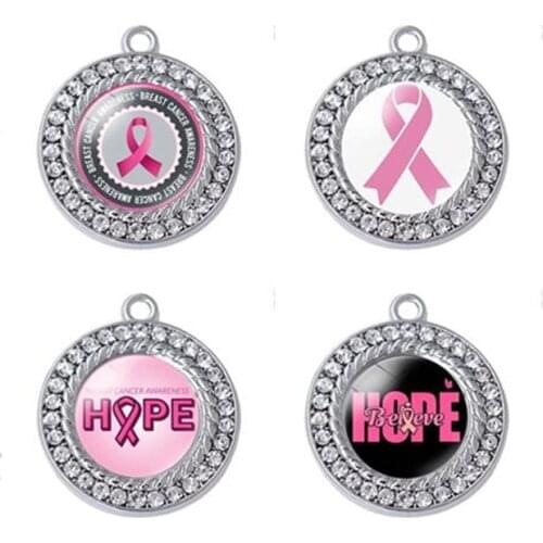 CZ Round 15mm Glass stick logo Breast Cancer Awareness Pink Hope Ribbon Charms Pendant Fit DIY Bracelet & Necklace Jewelry