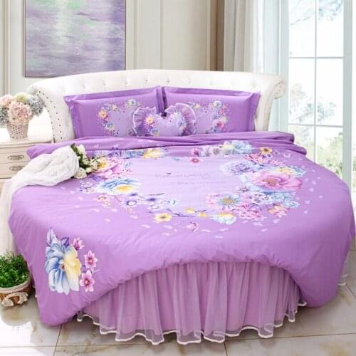 Purple Floral Lace Round Bed Bedding Kit SuperKing size 2.5M DuvetCover Bedsheet Pillowcase sets Sweet Girls Home Cotton Bedding