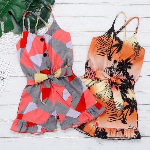 FOCUSNORM Summer 0-4Y Infant Girls Jumpsuits Floral Printed Sleeveless Single Breasted Beach Rompers 2 Colors