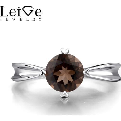 Leige Jewelry Natural Smoky Quartz Ring Solitaire Ring Sterling Silver 925 Fine Jewelry Wedding Engagement Round Cut Gemstone
