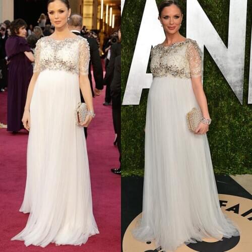 Empire Lace Short Sleeve Plus Size Evening Dresses Scoop Neckline Floor Length Maternity Wedding Formal Long Gown Beads Custom