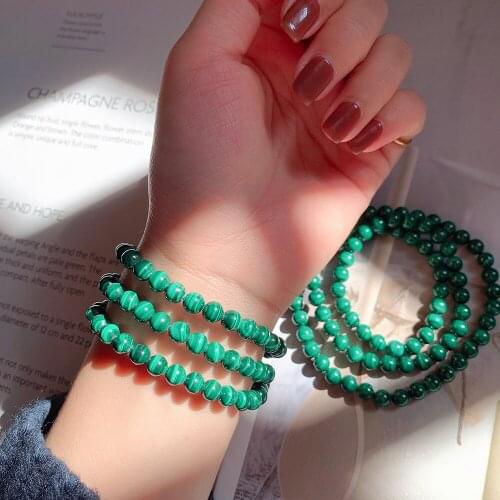 Natural Malachite 6mm Round Beads 3 Circles Bracelet, Handmade Aura Jewelry, Men and Women Colored Gem Elastic Bracelet