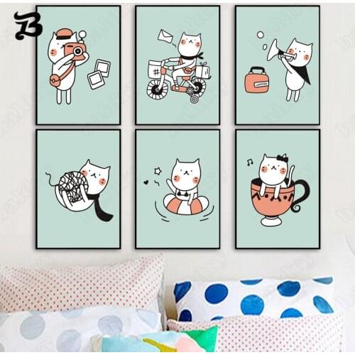 Cartoon Happy Cat Canvas Painting Blue Background Nordic Posters and Prints Wall Art Pictures for Kids Bedroom Home Wall Decor