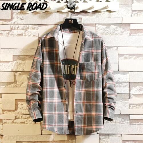 Single Road Mens Shirt Men 2021 Spring Plaid Shirt Long Sleeve Shirt Harajuku Blouse Korean Casual Vintage Grey Shirts For Men
