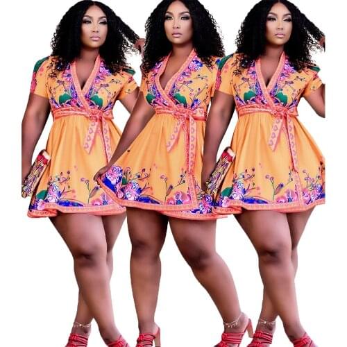 Summer Dress 2021 Sexy Womens Cardigan Belt Vintage Print Short Sleeves Slim Elegant Swing Mini Dresses Wholesale Dropshipping