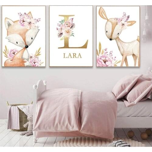 Animal Alphabet Poster Printing Nursery Canvas Wall Art Pink Flowers Living Room Mural Children Room Home Decoration Painting