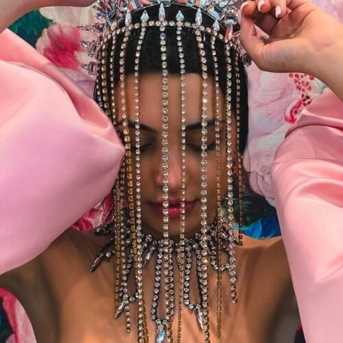 Luxury Wide Fringe Tassel Rhinestone Hairband Women European Bling Silver Gold Headband Bride Wedding Crystal Hair Accessories