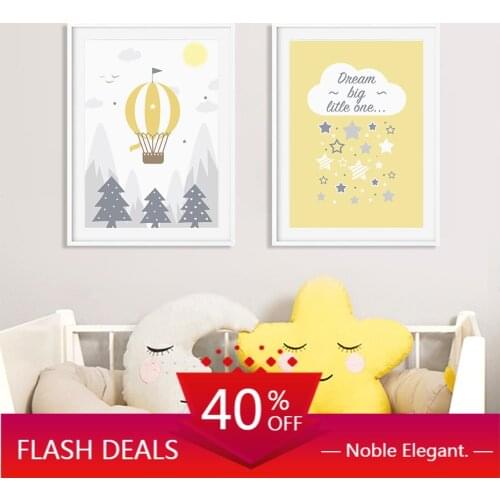 Christmas Cartoon Yellow Hot Air Balloon Nursery Decor Personalised Name Poster Baby Wall Art Canvas Painting Print Picture Home