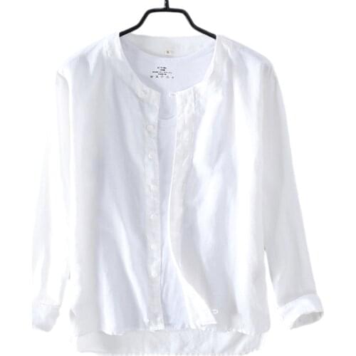 Casual Long Sleeve Shirts for Men Slim Fit Solid White Collarless Cotton Linen Tops Male Brand Clothing