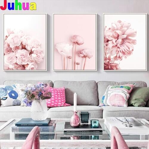 Modern Pink Flowers Diamond embroidery cross stitch Mosaic Modern Diamond painting Triptych Wall Pictures for Living Room