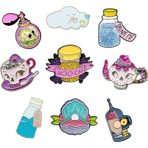 Mysterious gift Enamel Brooch Skull perfume bottle Shell pearl jewelry box skeleton Coffee cup teapot Cheese Lapel Pin Badge